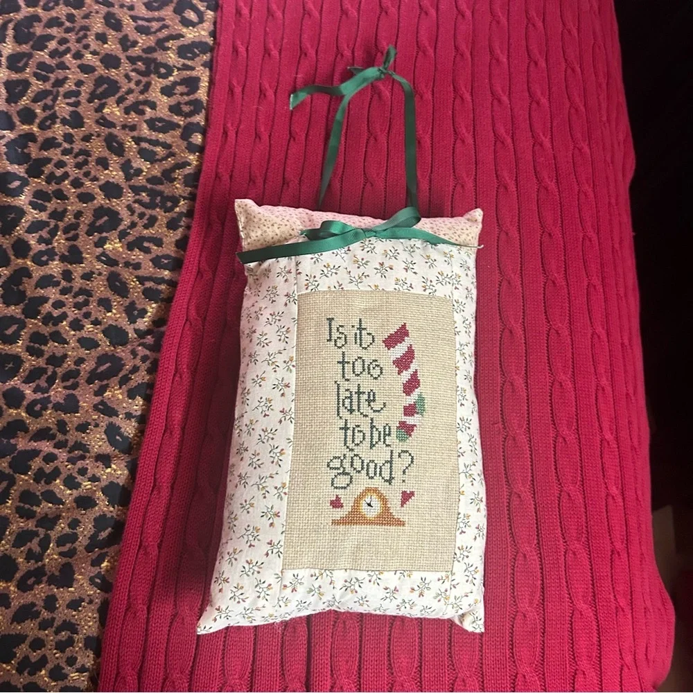 Handmade decor hang pillow Is it too late to be good? Cross-stitch Christmas